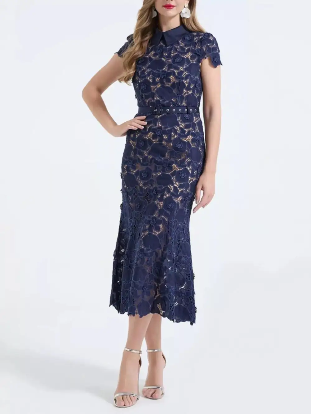 Floral Lace Short Sleeve Midi Dress