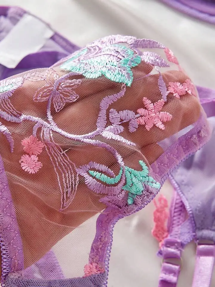 Floral Embroidered Lace Garter Lingerie Set