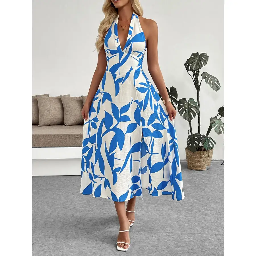 Leaf Print Halter Neck Midi Dress