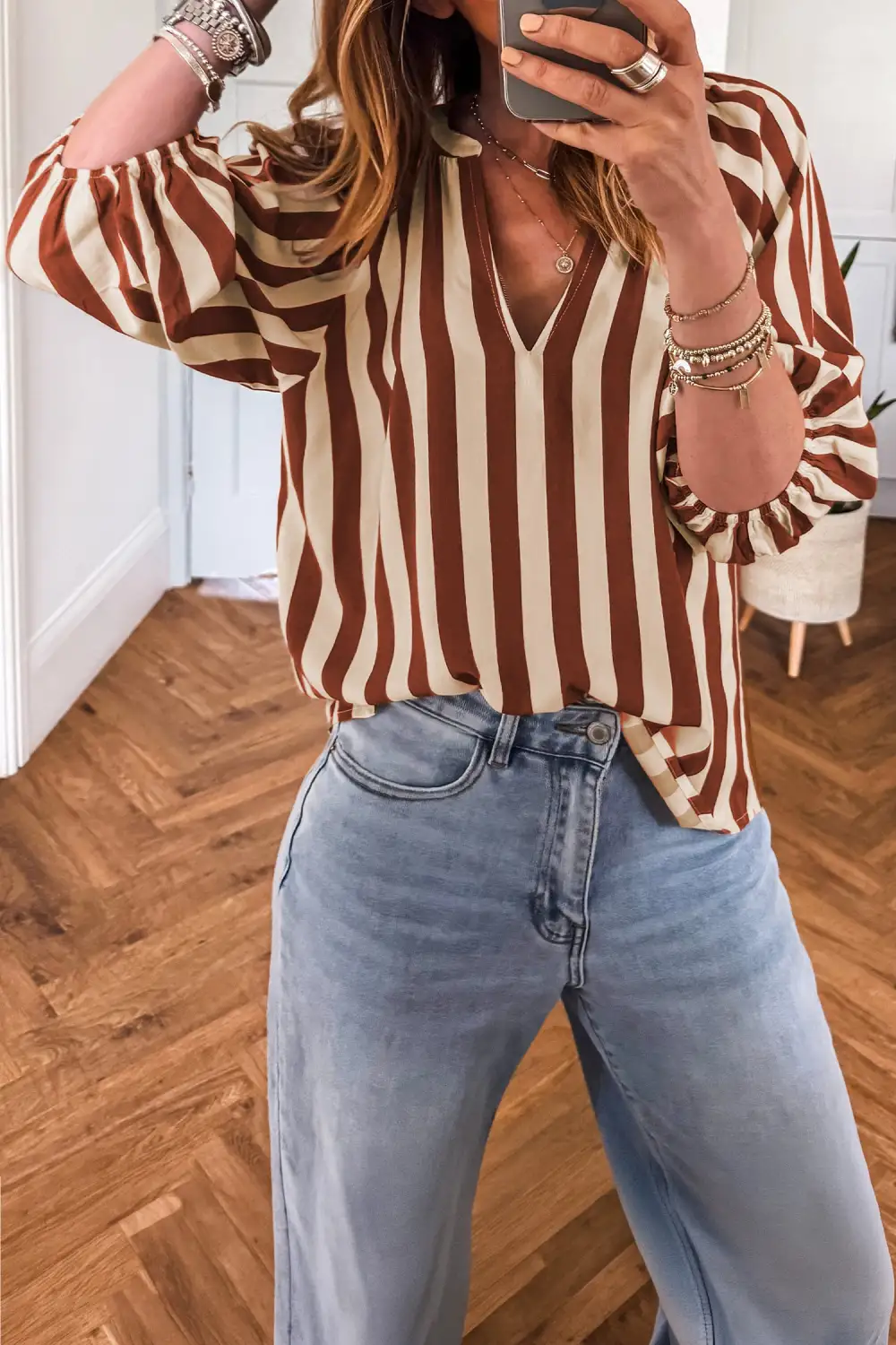 Women's Striped V Neck Half Sleeve Top