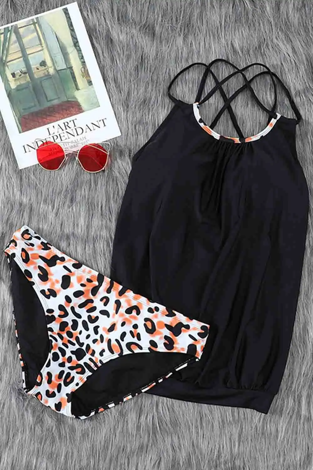 Leopard Print Criss Cross Hollow-out Tankini Swimwear