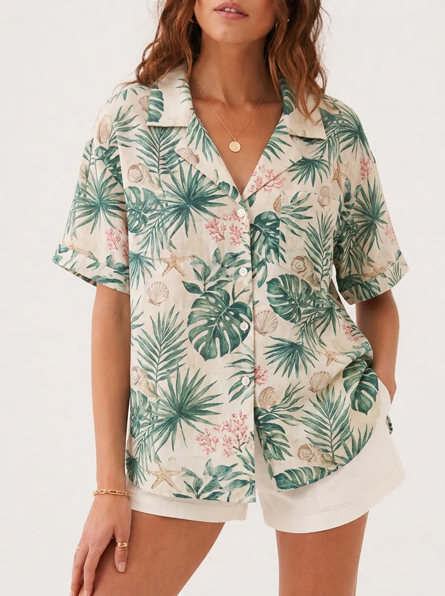 Women's Tropical Beach Lover Monstera Shell Printed Shirt