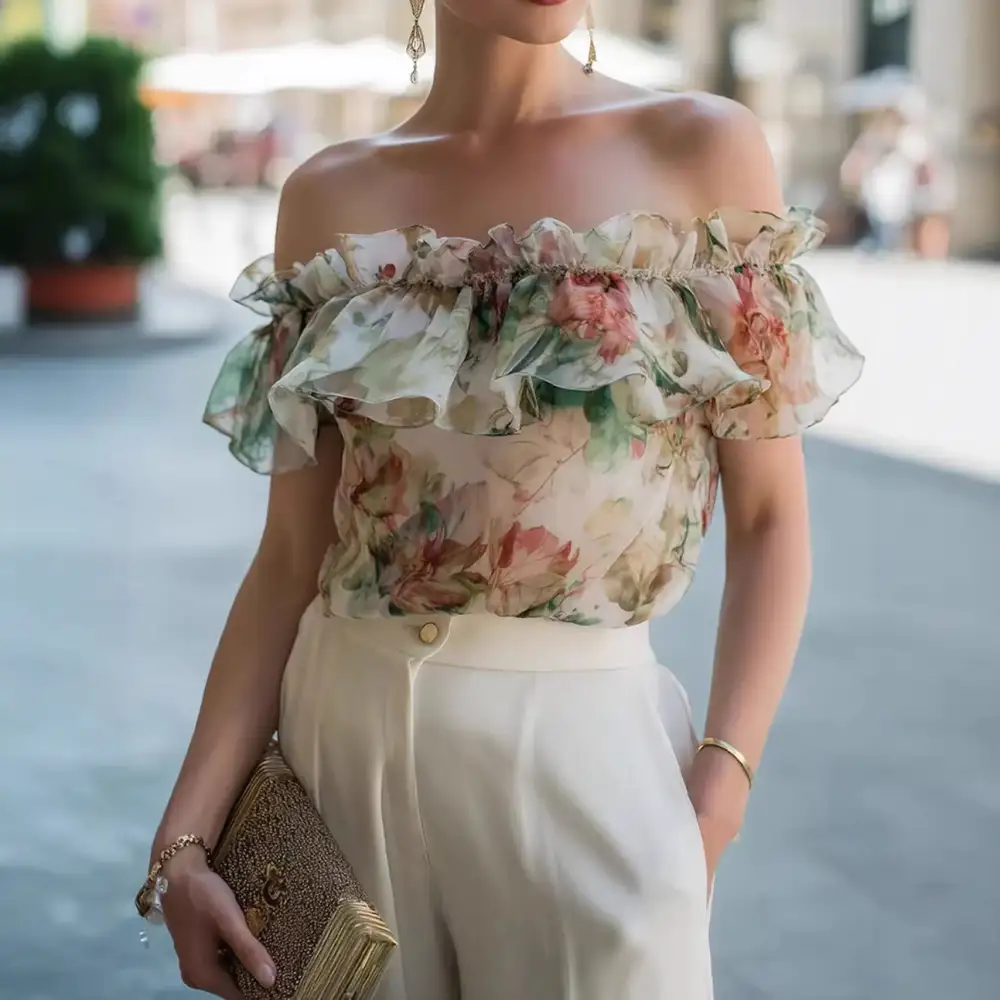 Printed Chiffon Off Shoulder Top