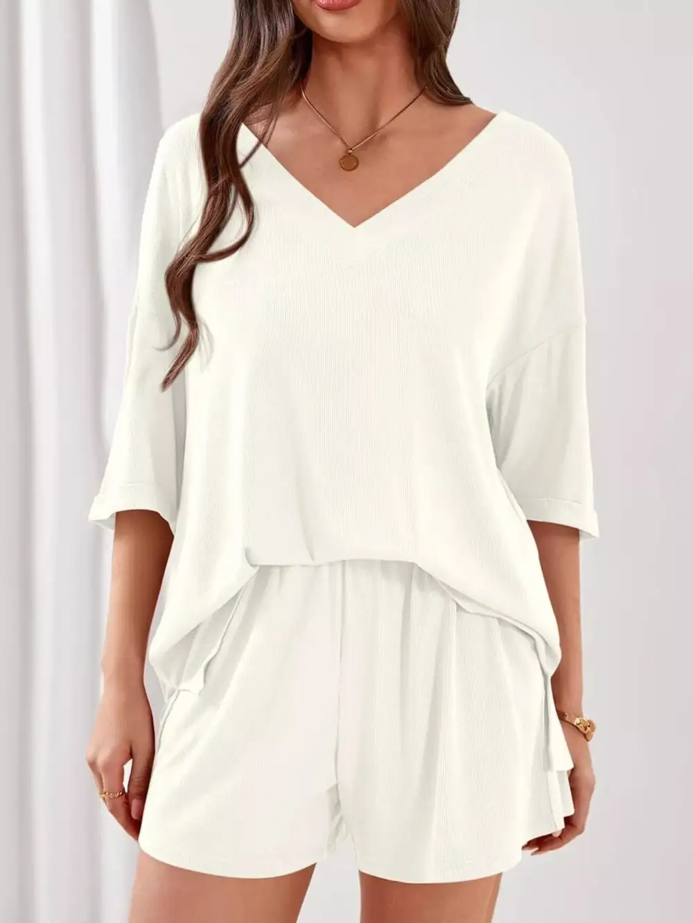Casual Solid Color V Neck Top and Shorts Set