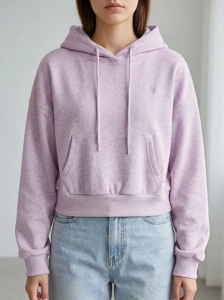 Women's Minimalist Star Embroidered Beige Cropped Hoodie