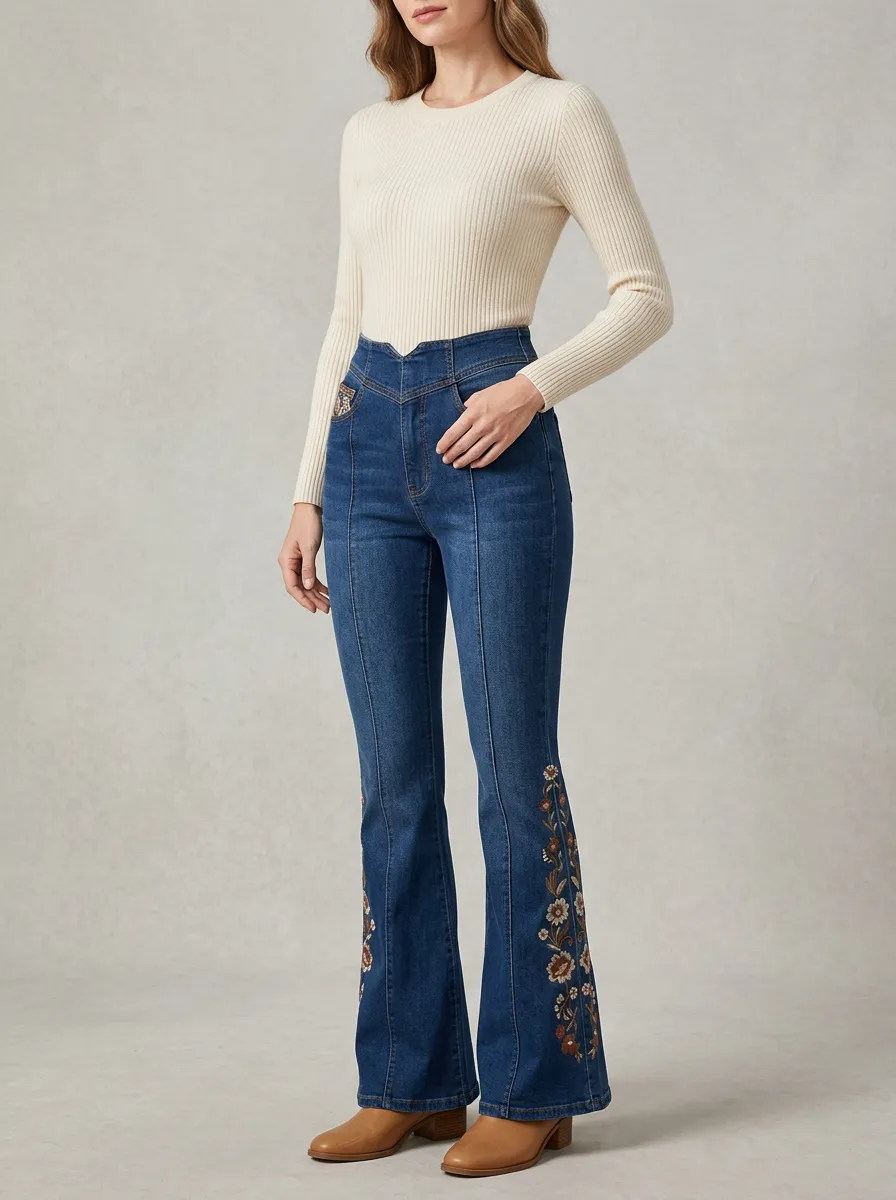 Women's Boho Inspired Floral Embroidered High Rise Flare Jeans