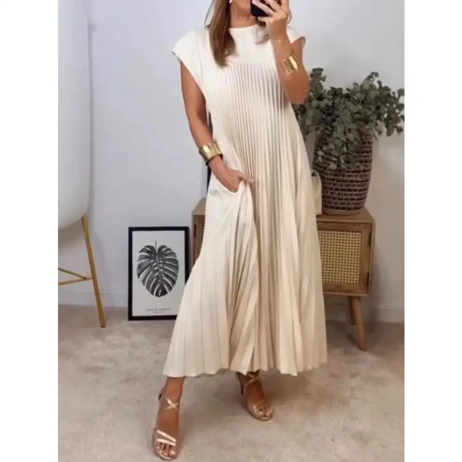 Classic Full Size Pleated Round Neck Maxi Dress Plus Size