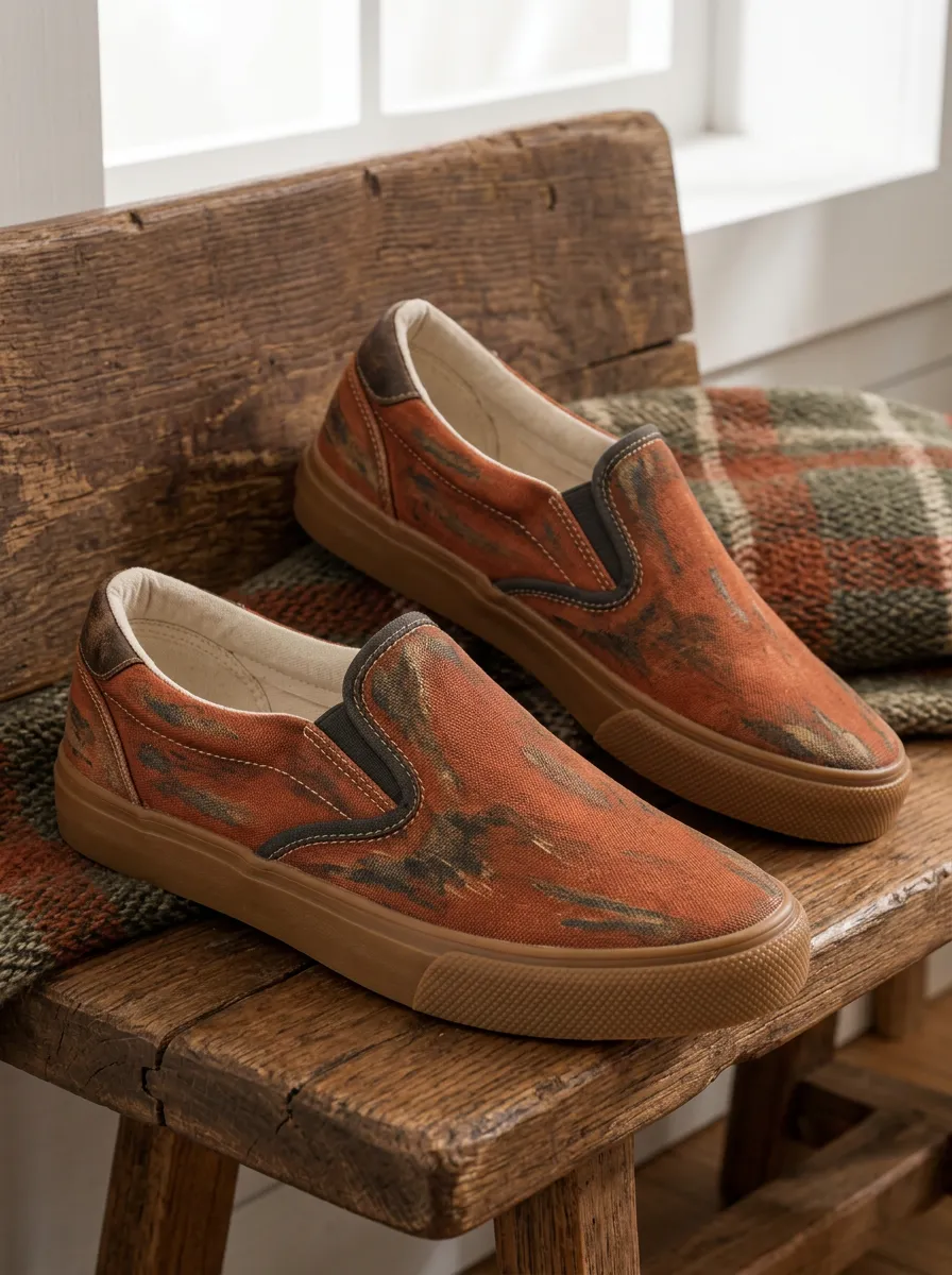 Men's Rustic Orange Tie-Dye Pattern Printed Canvas Slip-on Shoes