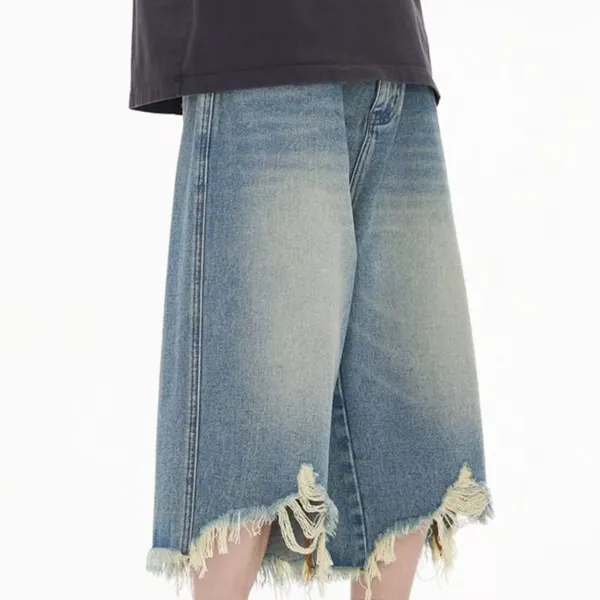 Classic Distressed Wide Leg Washed Denim Shorts