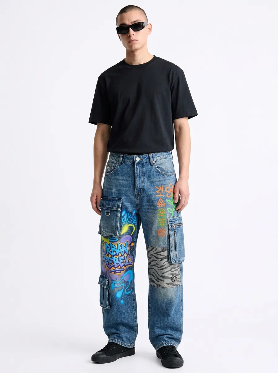 Men's Streetwear Urban Rebel Graffiti Zebra Graphic Cargo Jeans