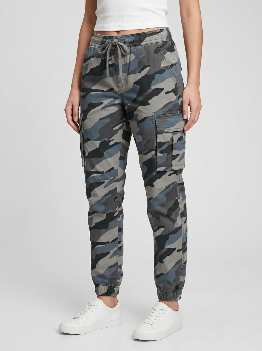 Women's Camouflage Mid-Rise Elastic-Waist Drawstring Flap-Pocket Faux-Fly Cuffed-Hem Cargo Joggers