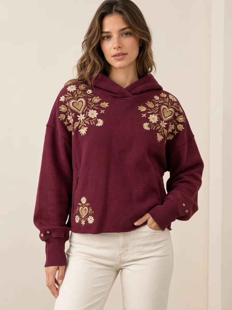 Easy Wear Women's Floral Embroidered Graphic Hoodie