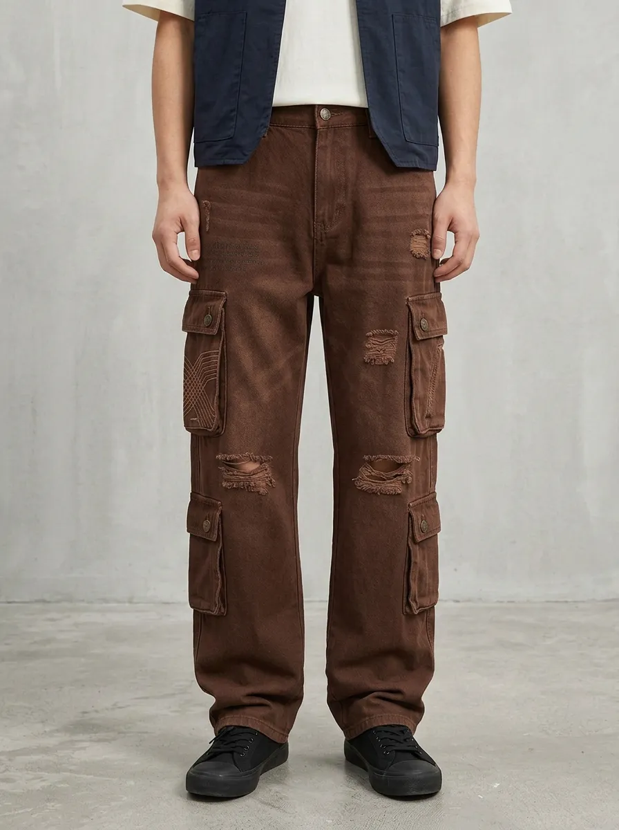 Men's Ridge Streetwear Distressed Graphic Cargo Jeans
