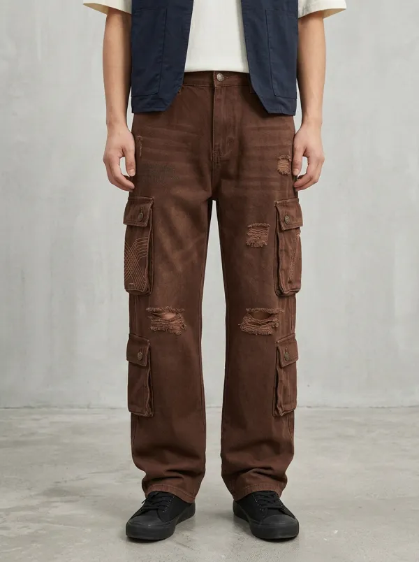 Men's Ridge Streetwear Distressed Graphic Cargo Jeans