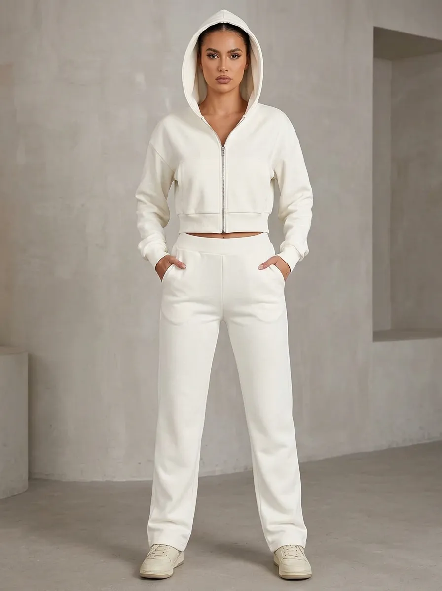 Women's Minimalist Solid White Zip-up Crop Hoodie Jogger Set