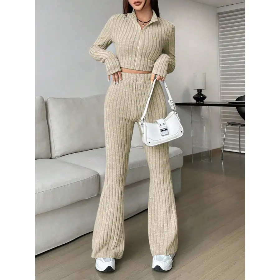 Relaxed Zip Up Long Sleeve Top and Pants Set