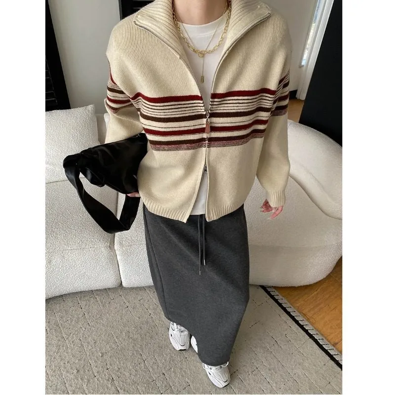 Comfort Striped Sweater Cardigan With Two Zippers