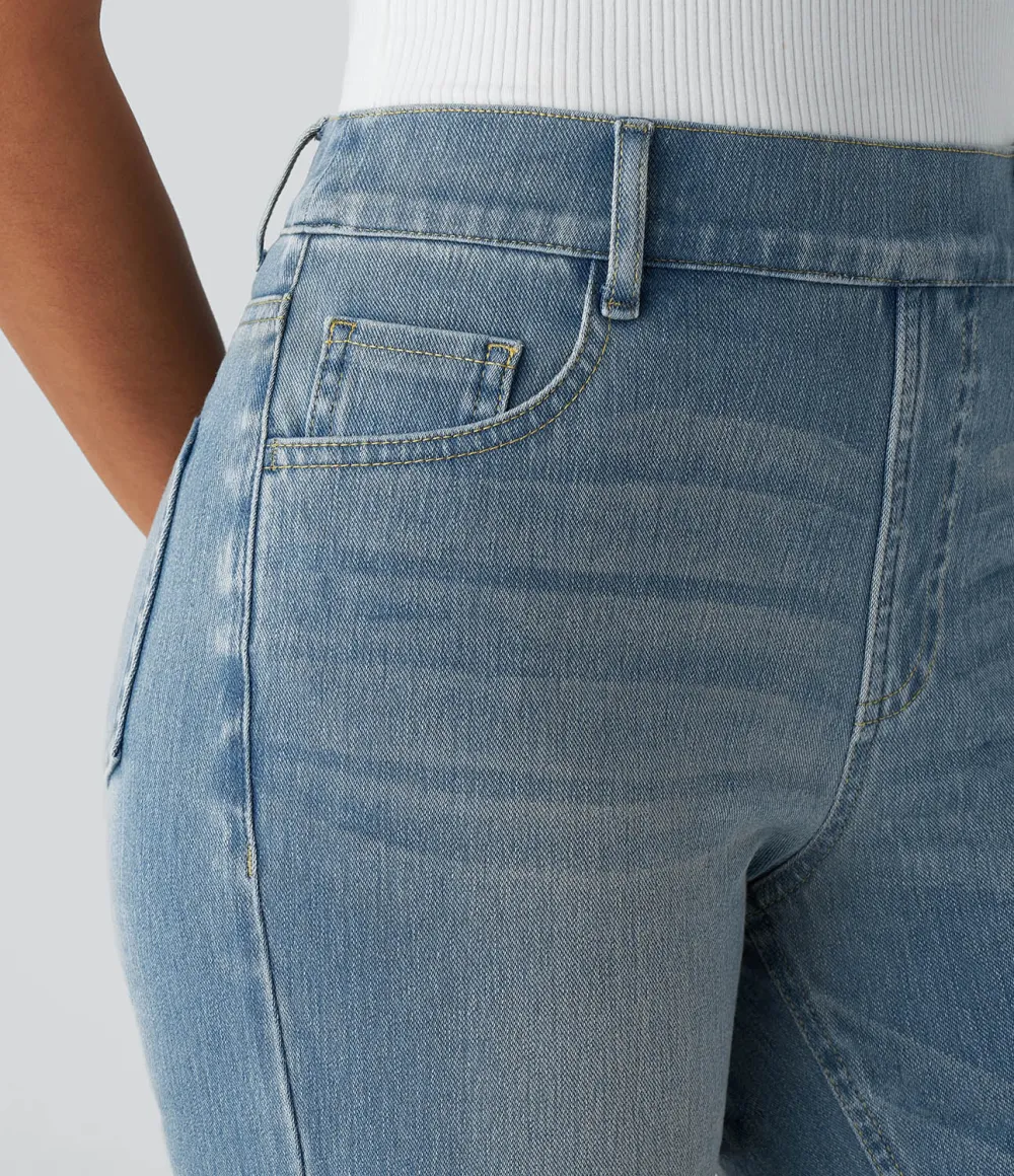 Magic High Waisted Multiple Pockets Straight Leg Washed Stretchy Knit Casual Jeans