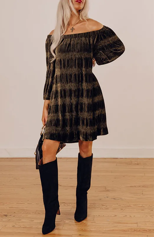 Pleated Striped Scoop Neck Three-Quarter Sleeve Relaxed Dress
