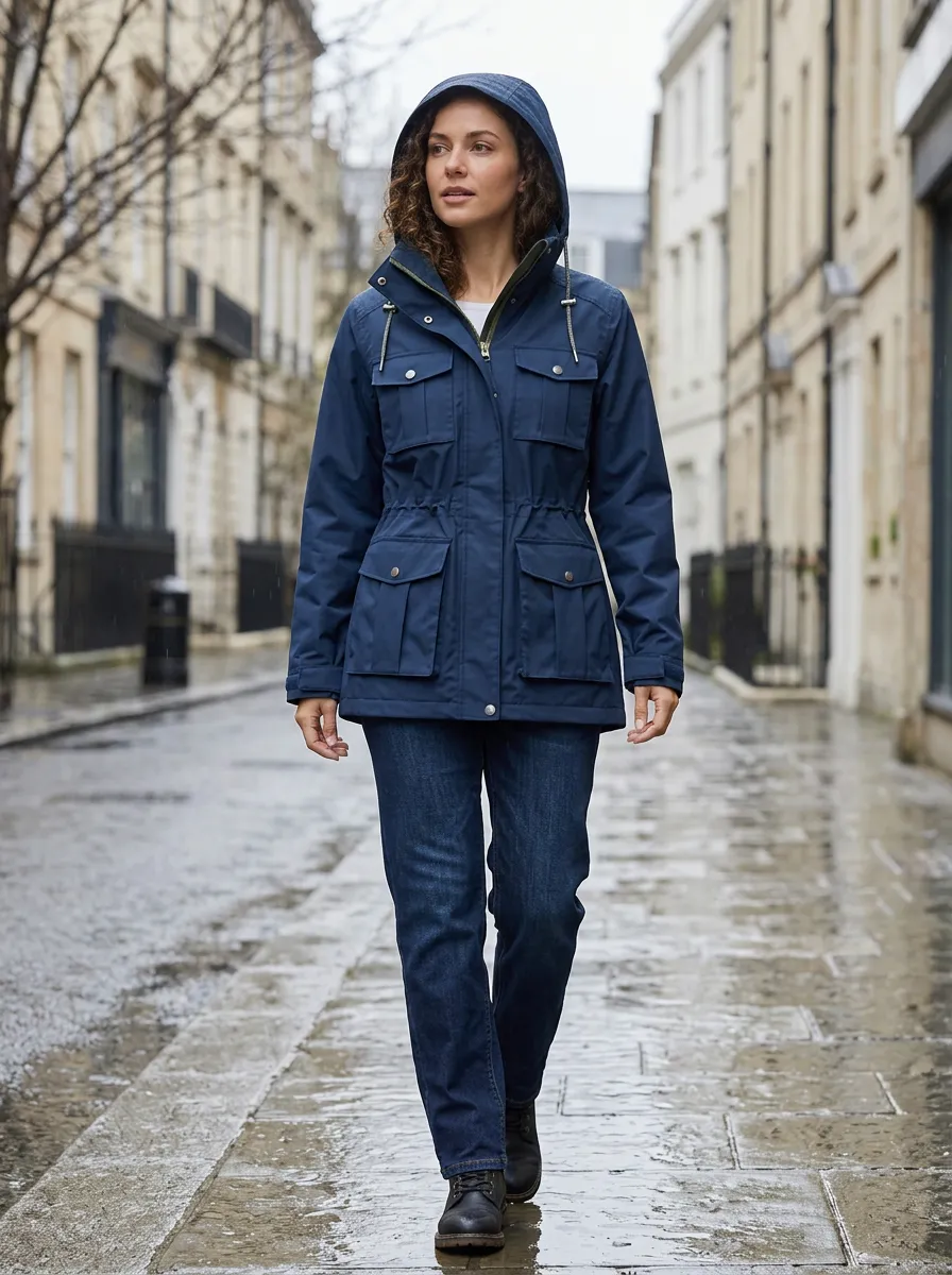 Women's Navy Blue Hooded Waterproof Rain Jacket with Adjustable Cuffs and Flap Pockets