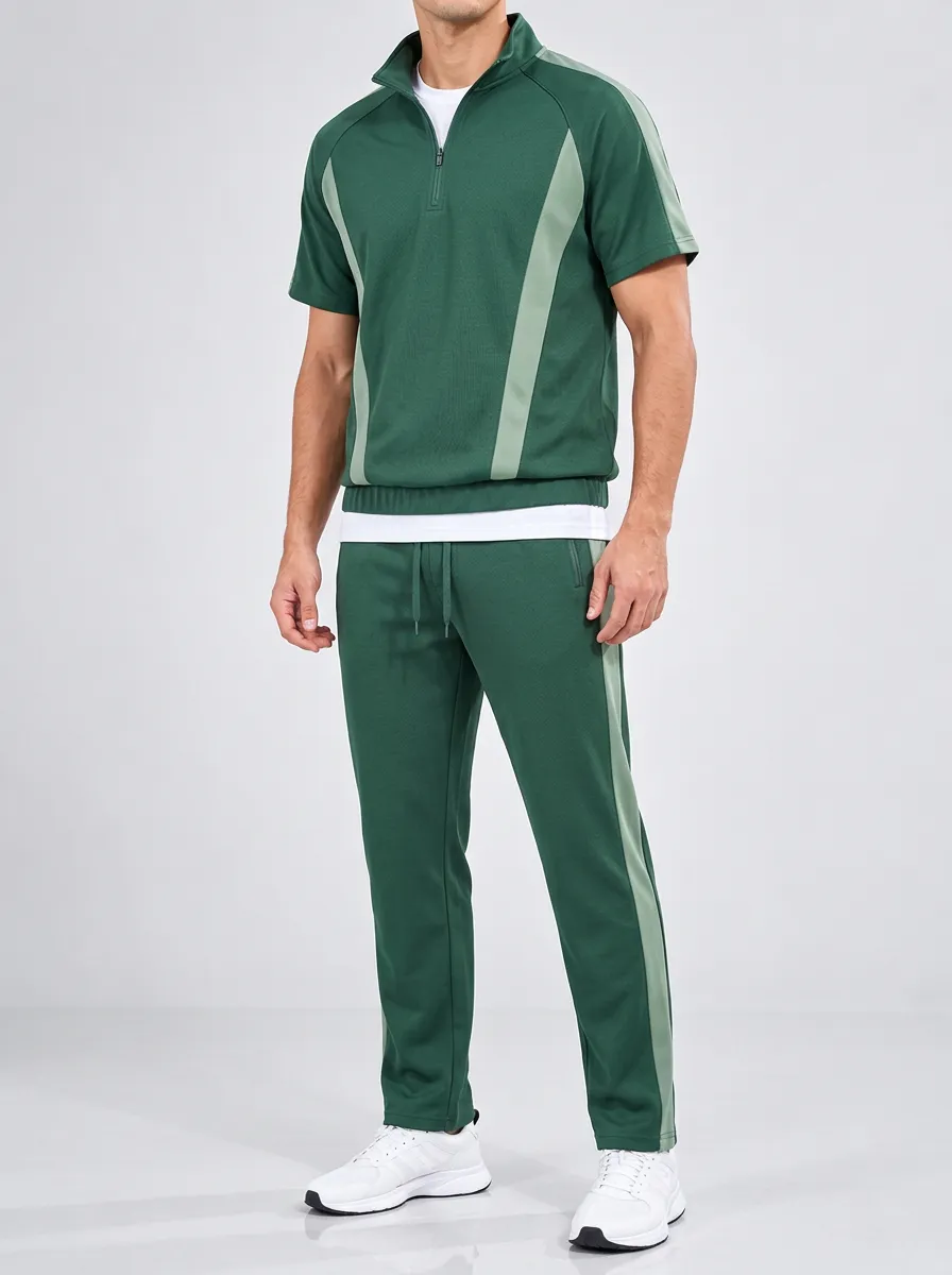 Men's Versatile Colorblock Quarter Zip Sportswear Set