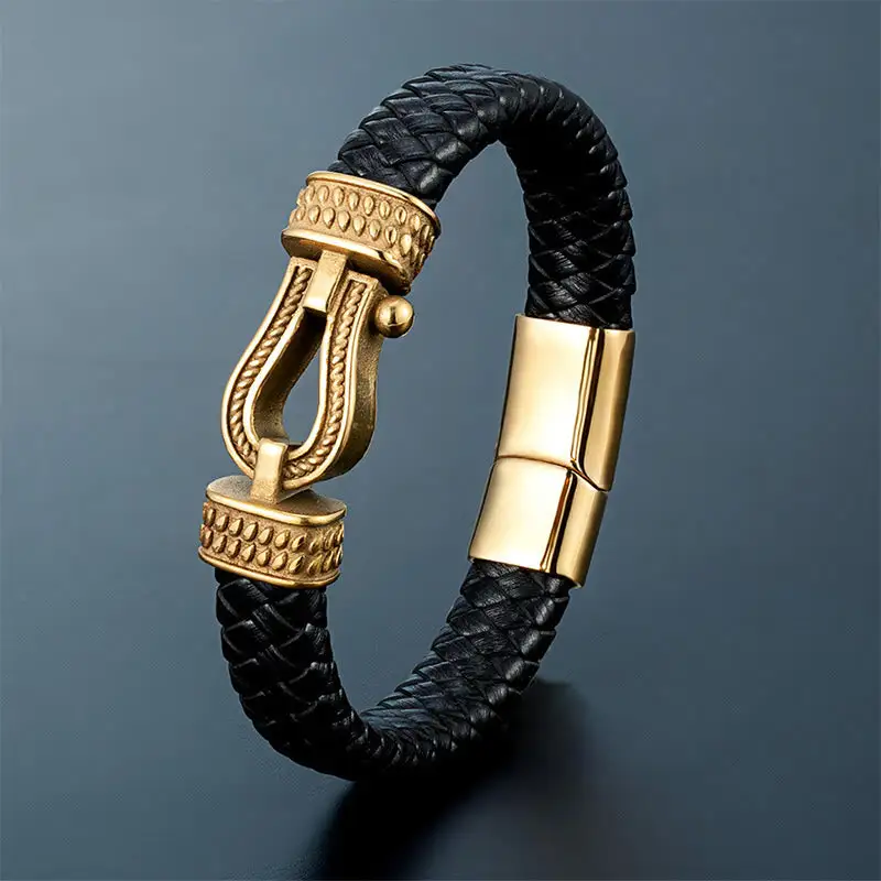 Leather Horseshoe Shaped Titanium Steel Braided Magnetic Bracelet