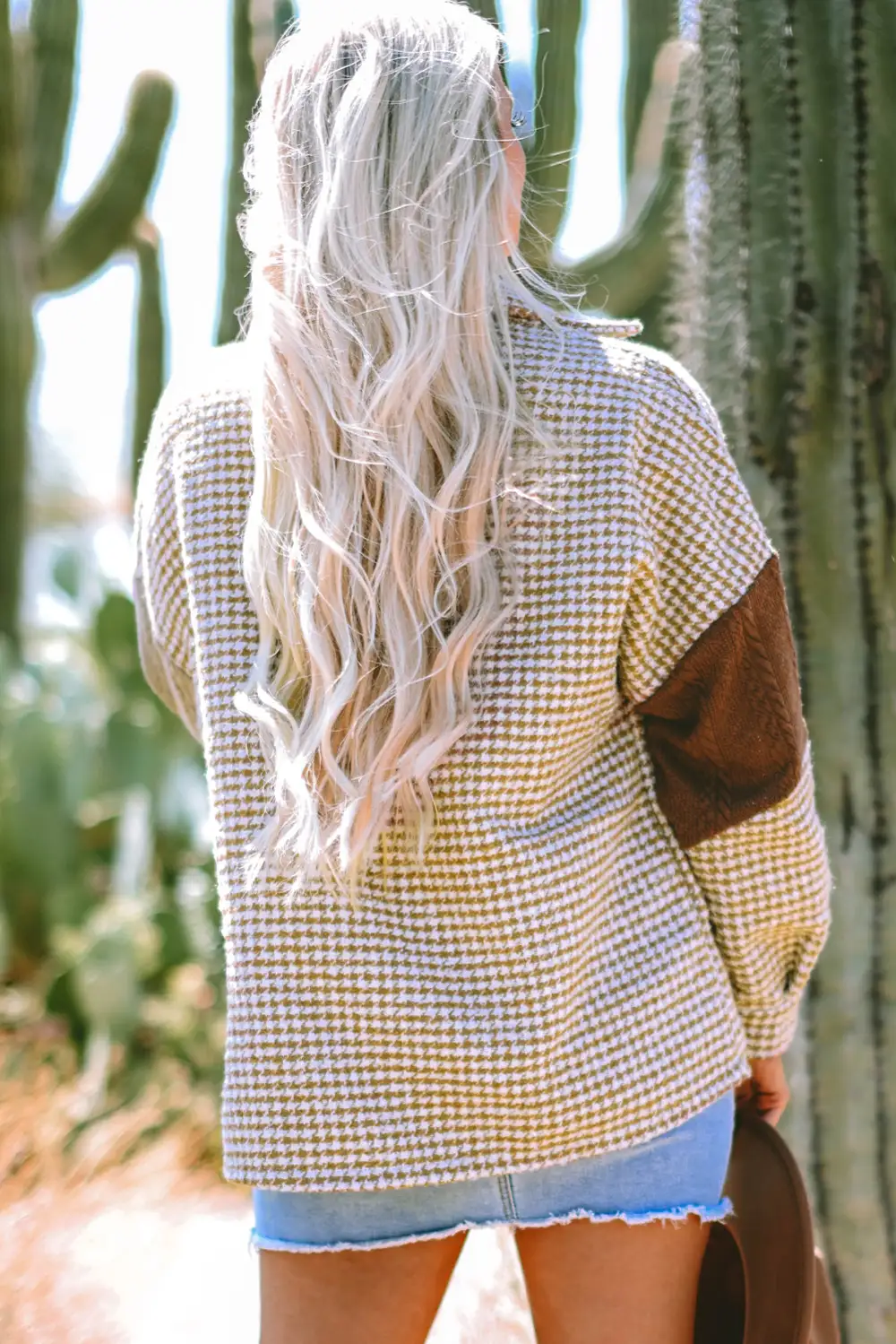 Women's Houndstooth Color Contrast Textured Patchwork Loose Shacket