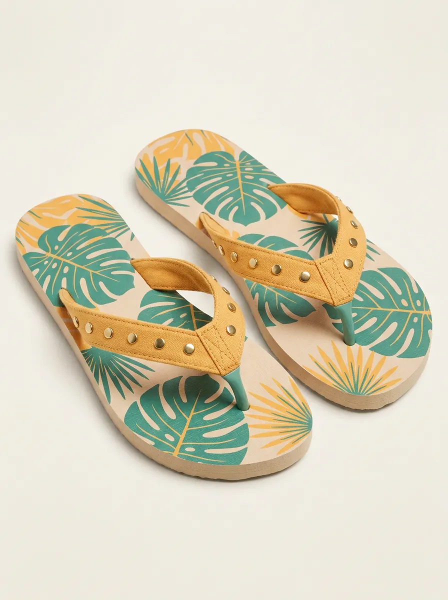 Women's Tropical Summer Monstera Leaf Studded Printed Flip Flops