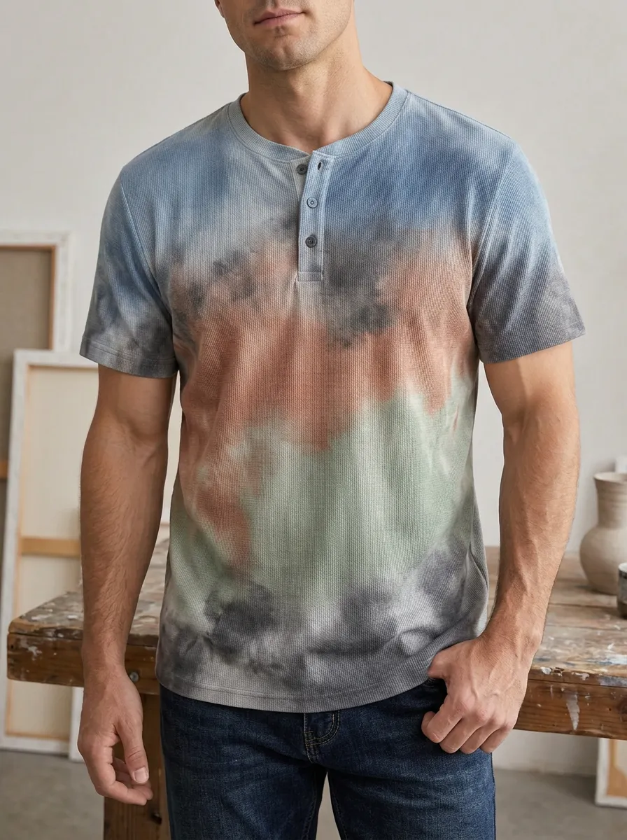 Men's Minimal Casual Tie-Dye Waffle Knit Henley T-Shirt