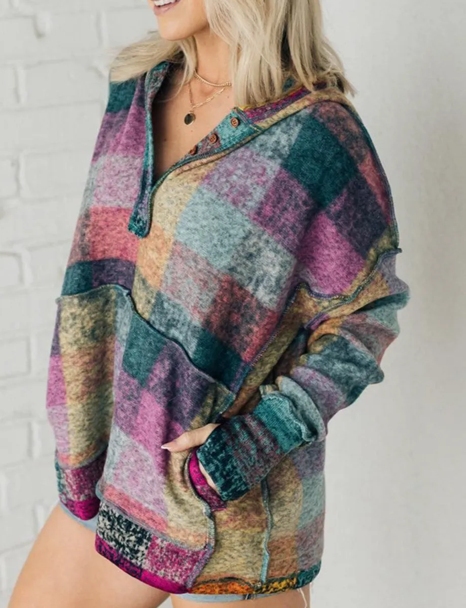 Brushed Plaid Buttoned Oversized Hoodie