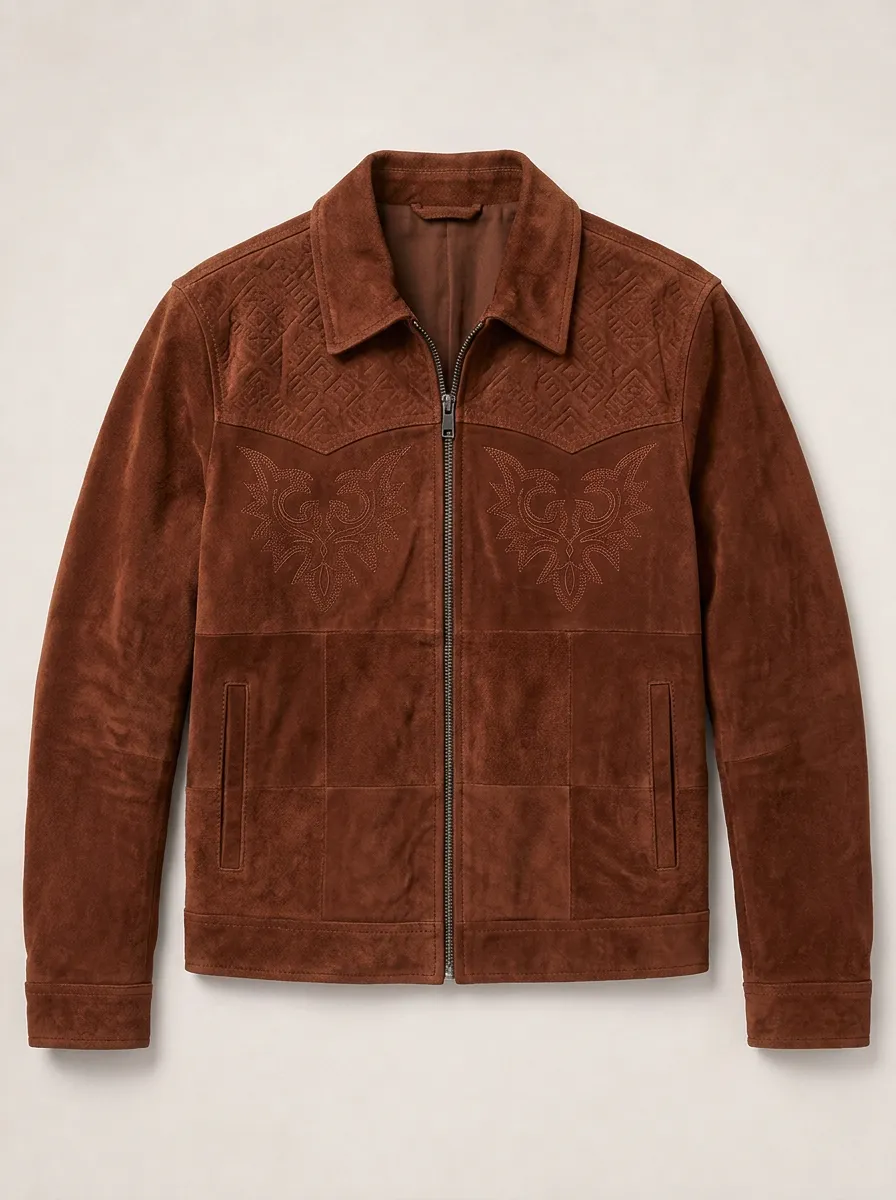 Men's Western Style Brown Suede Embroidered Zip Jacket