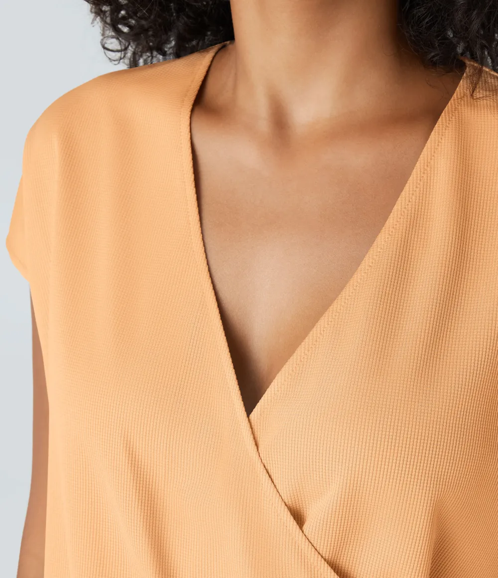 V Neck Short Sleeve Pocket Waffle Casual Romper