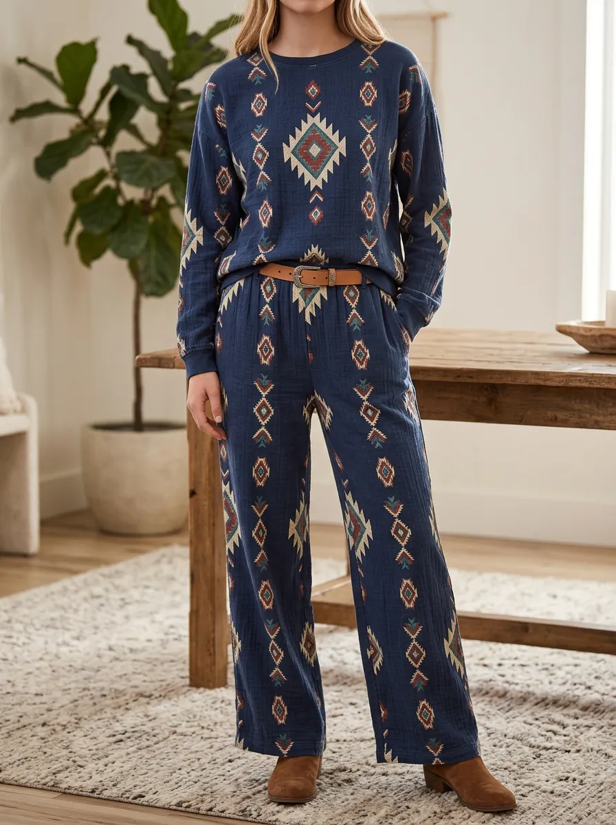 Women's Boho Southwestern Geometric Printed Long Sleeve Lounge Set