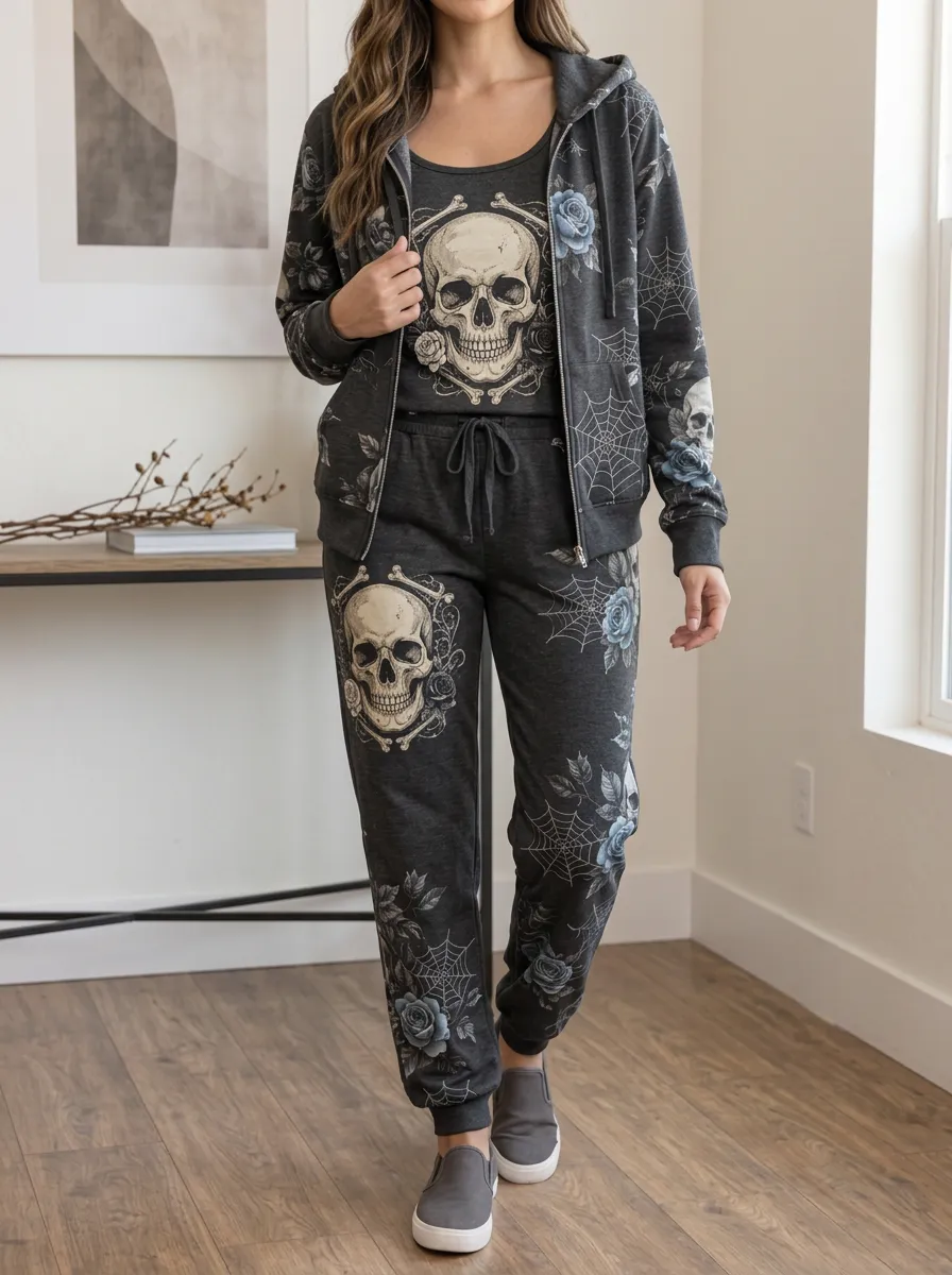 Women's Halloween Skull Rose Spiderweb Drawstring Jogger Lounge Set