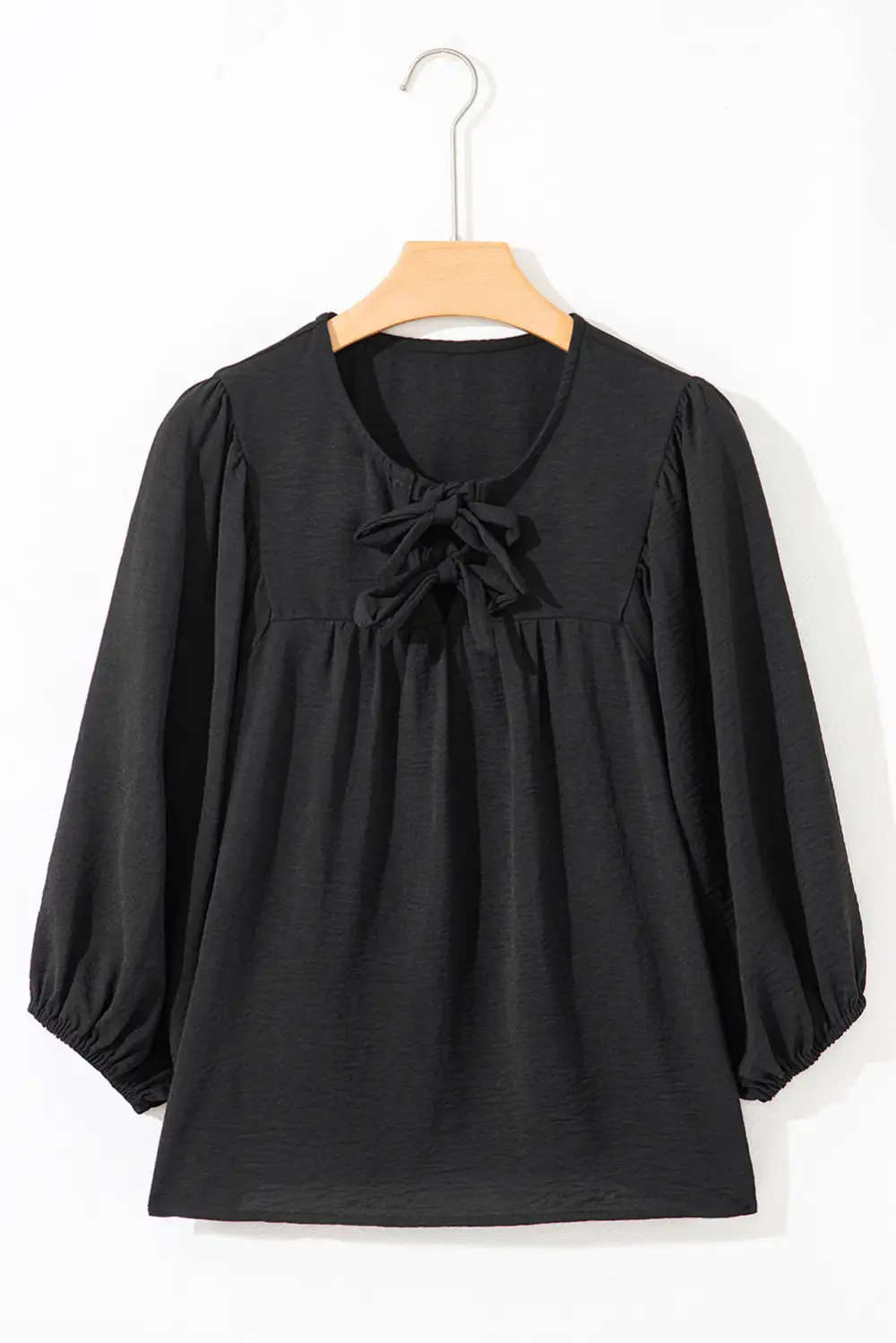 Women's Three Quarter Sleeve Tie Neck Bow Detail Top