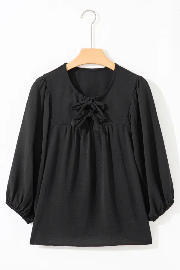 Women's Three Quarter Sleeve Tie Neck Bow Detail Top