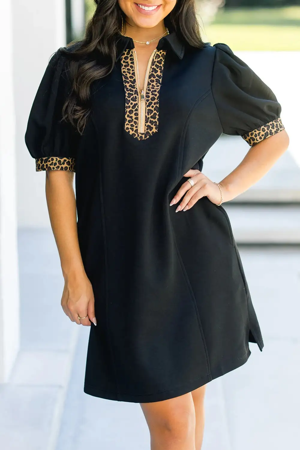 Women's Leopard Print Collared Puff Sleeve Shift Mini Dress