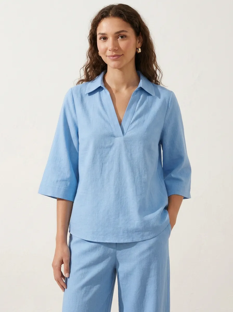 Three-Quarter-Sleeve Women's V-Neck Blouse