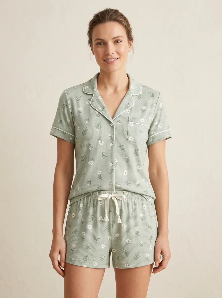 Women's Floral Daisy Sage Green Printed Pajama Set