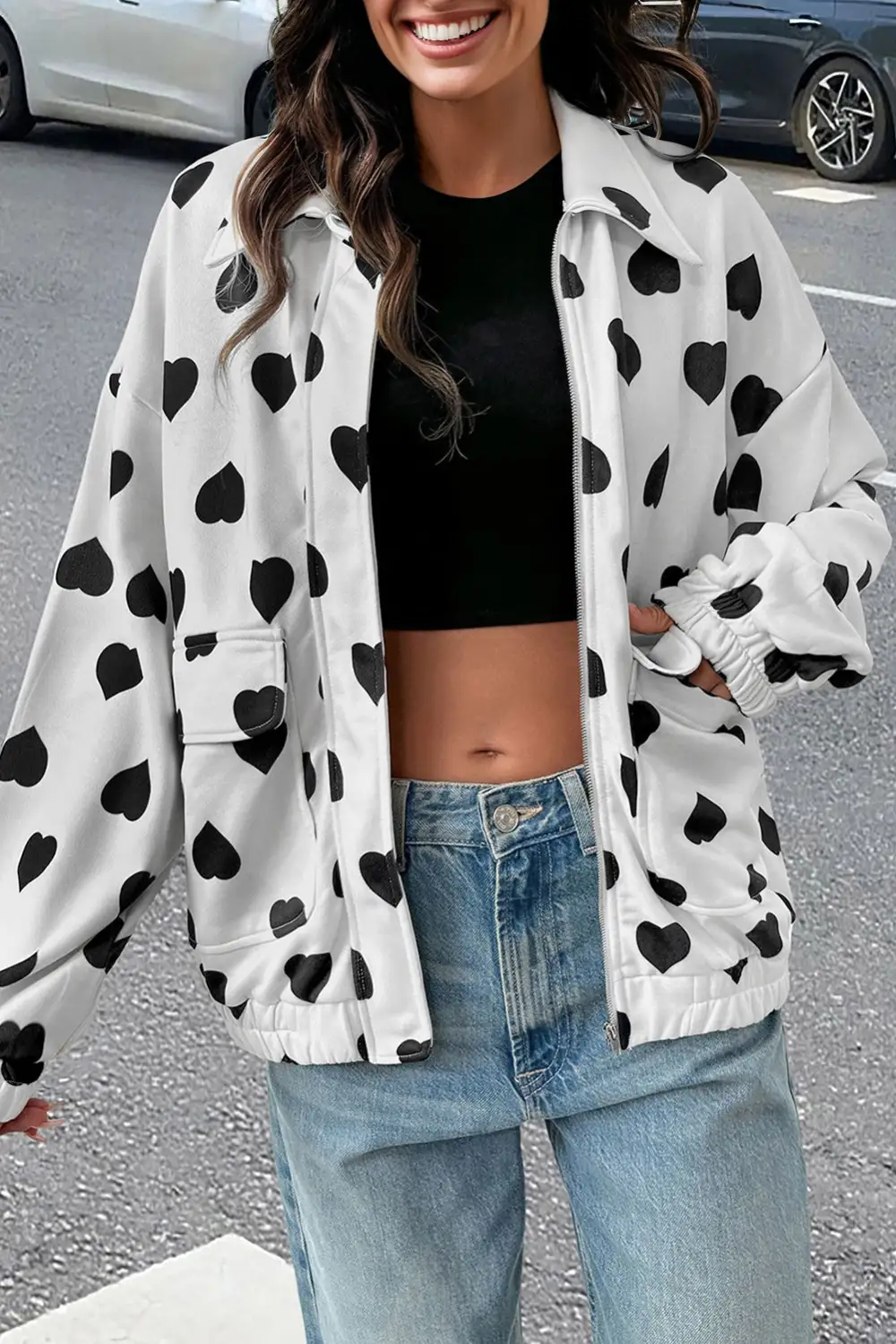 Women's Double Flap Pocket Heart Print Collar Zip Jacket