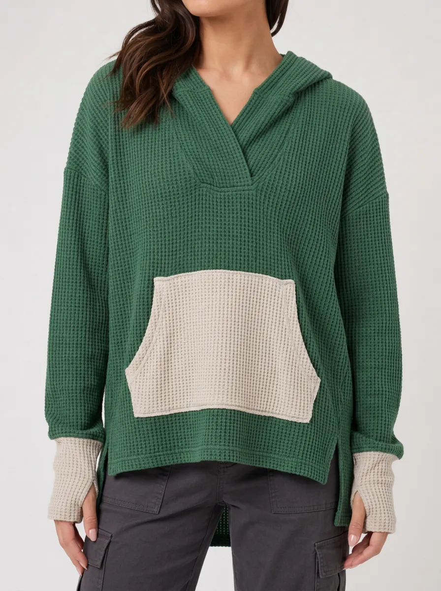 Women's Casual Green Waffle Knit Colorblock Hooded Top