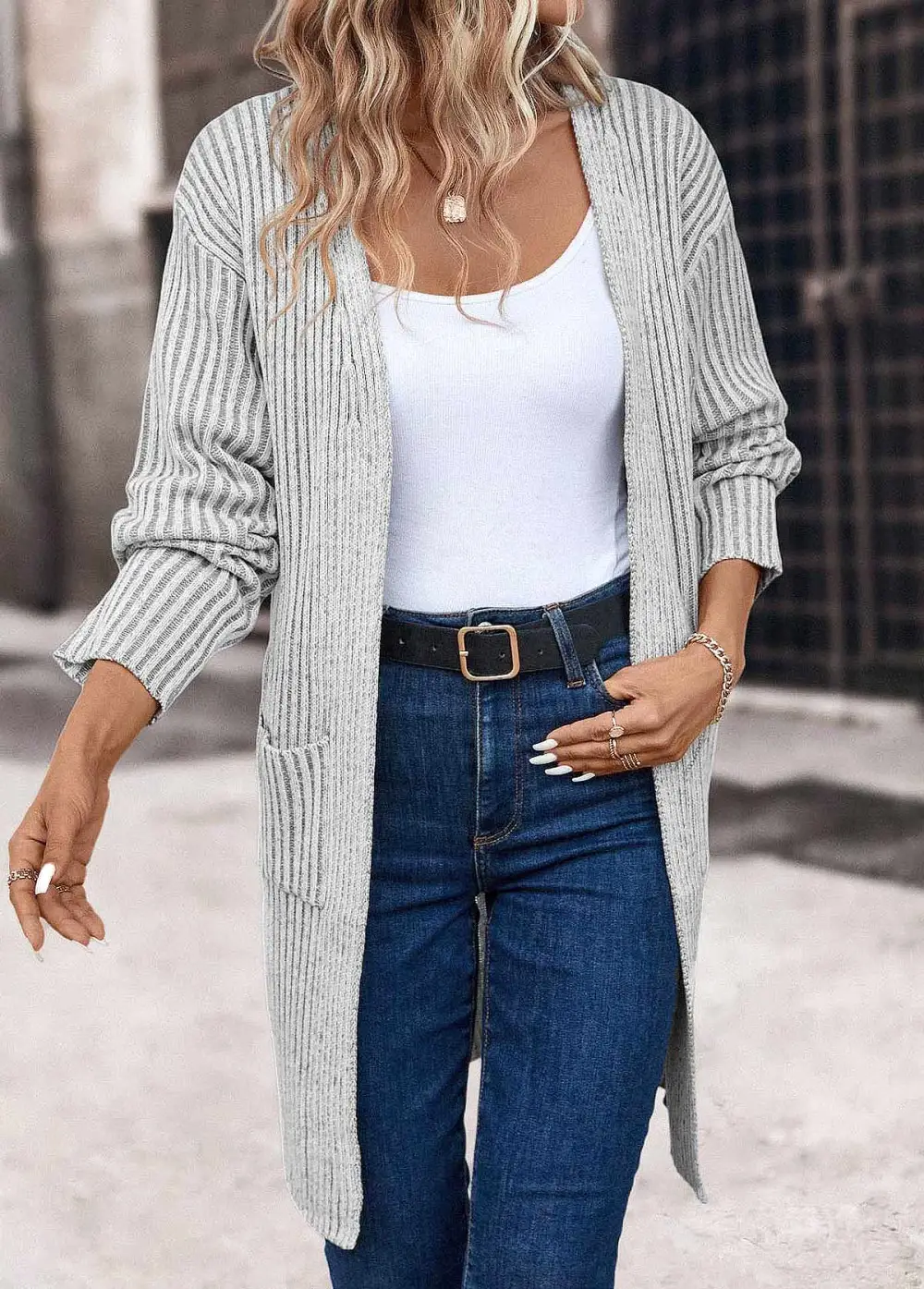 Light Grey Pocket Long Sleeve V Neck Coat