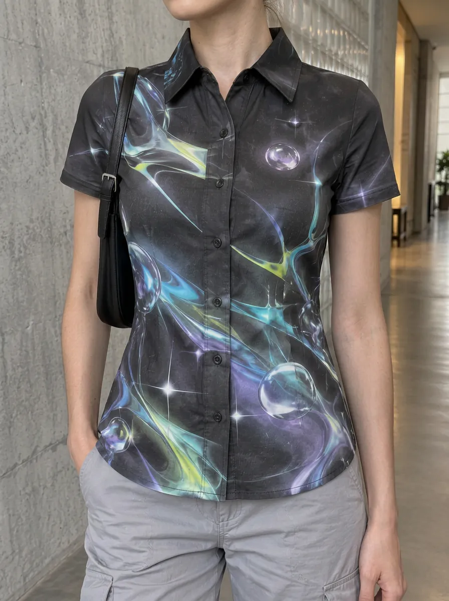 Women's Linear Y2K Aesthetic Abstract Bubble Galaxy Shirt