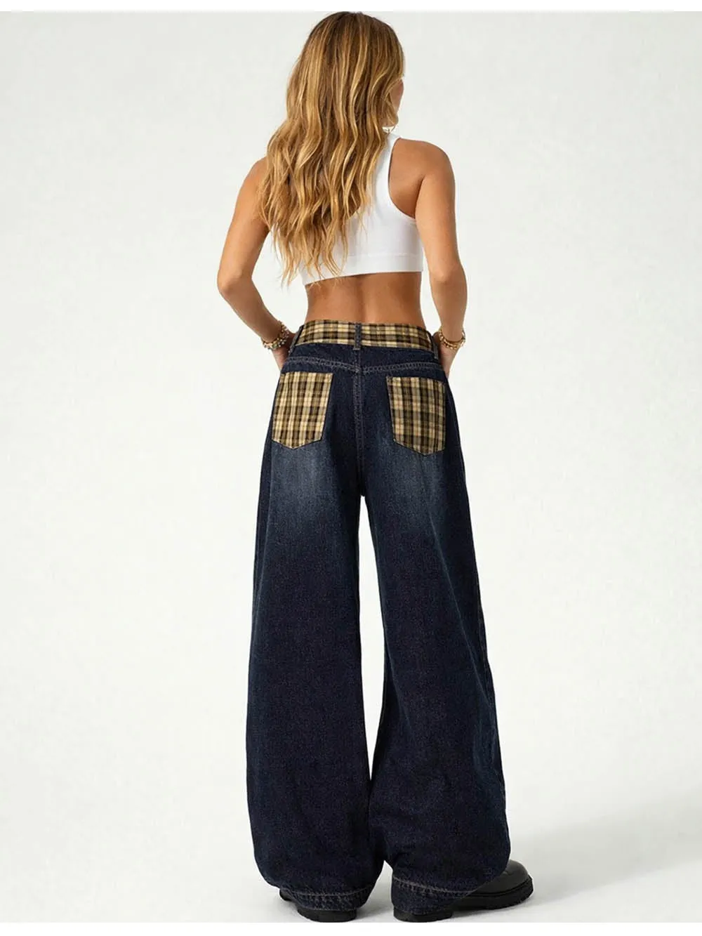 Vintage Checked Patch Belt Wide Leg Denim Pants