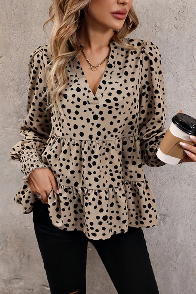 Khaki Leopard V Neck Babydoll Blouse