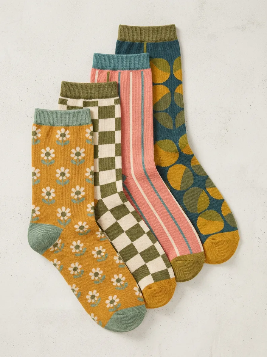 Classic Checkerboard Floral Striped Retro Four-Pair Casual Socks