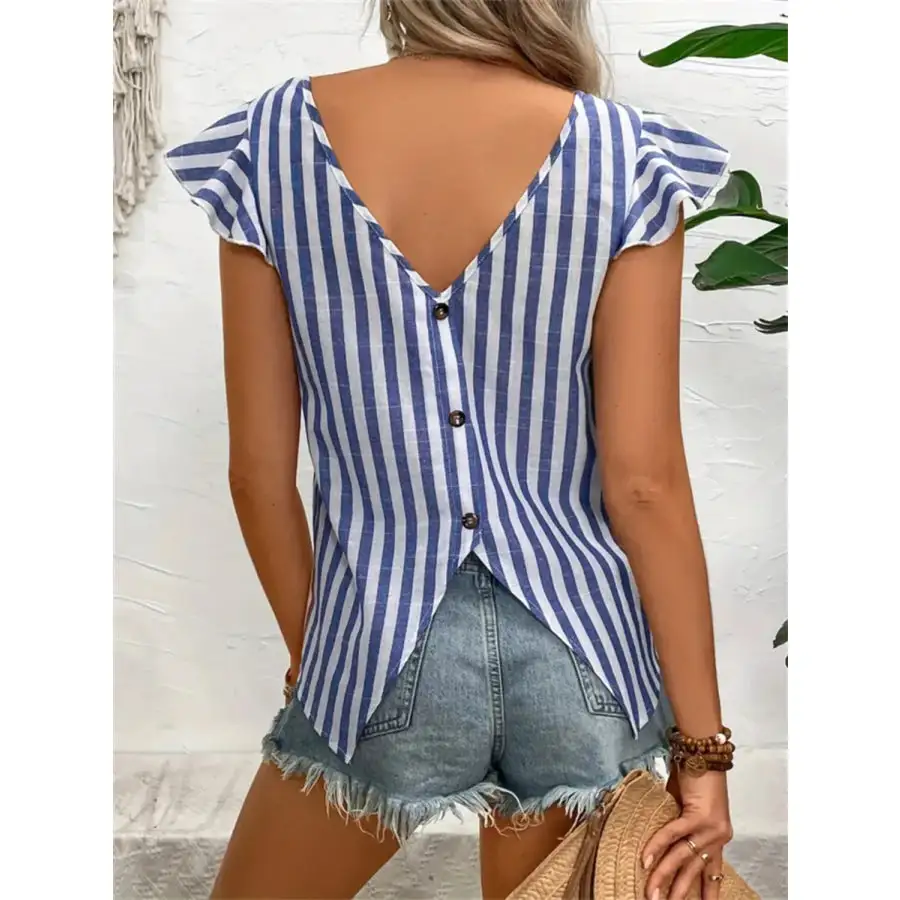 Ruffled Striped Round Neck Cap Sleeve Blouse