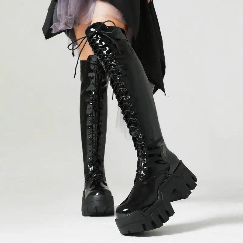 Thick Platform Knee-High Lace-Up Boots