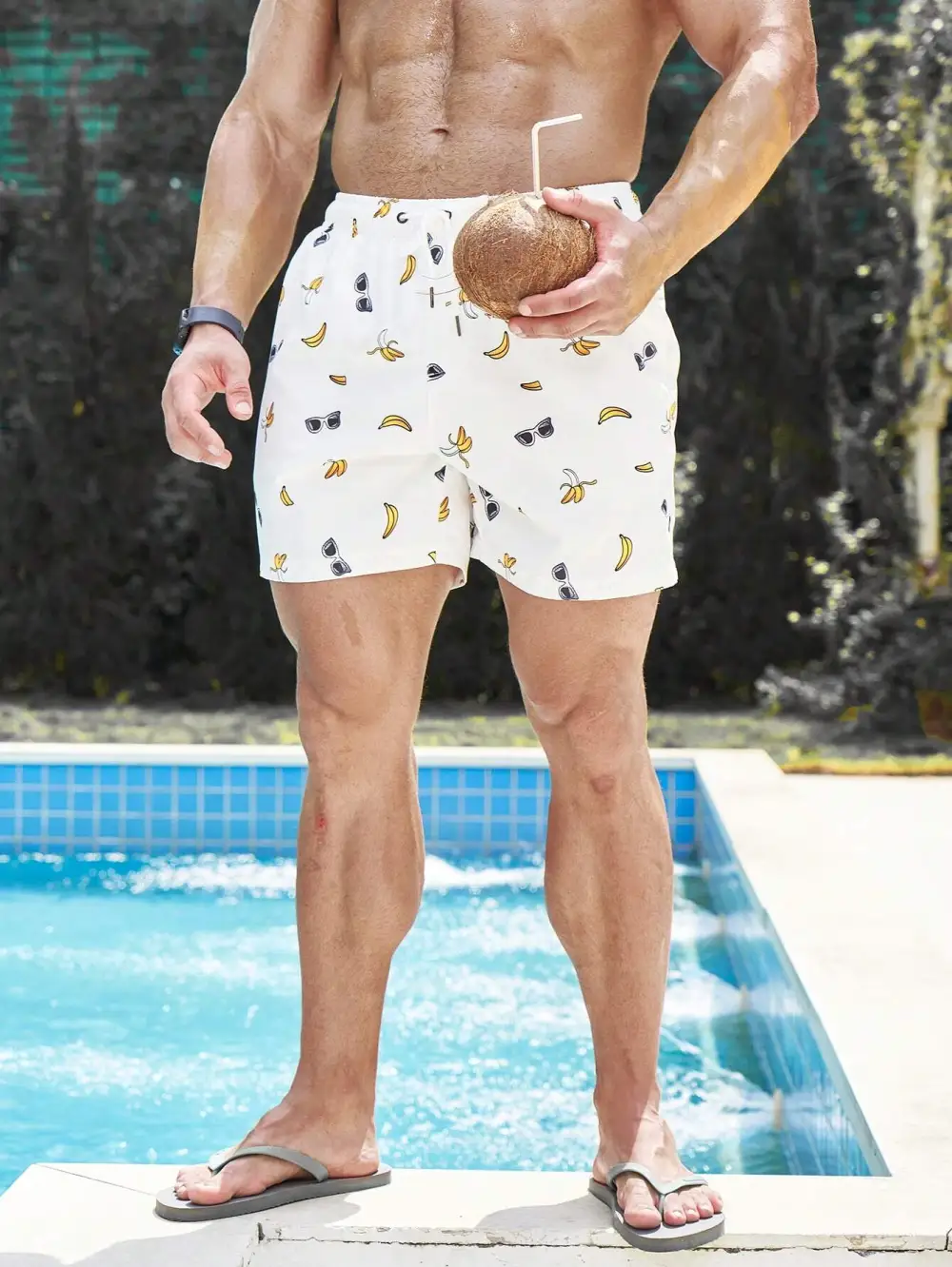 Men's Coastal Banana Print Drawstring Swim Trunks