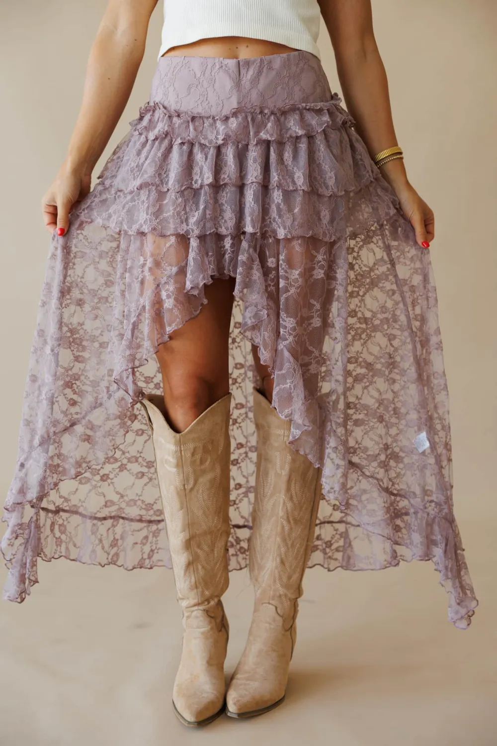 Lace Slit Detail Tiered Skirt